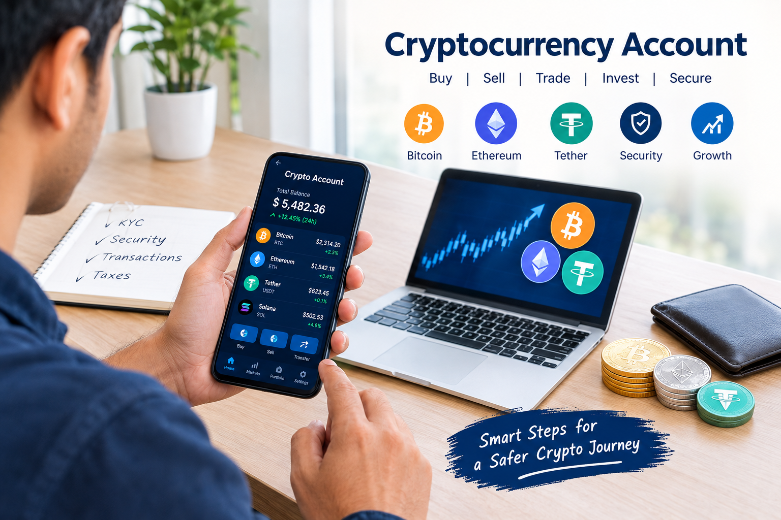 Cryptocurrency account guide showing a user managing Bitcoin, Ethereum and other digital assets on a smartphone and laptop, with security, KYC, transactions and tax concepts.